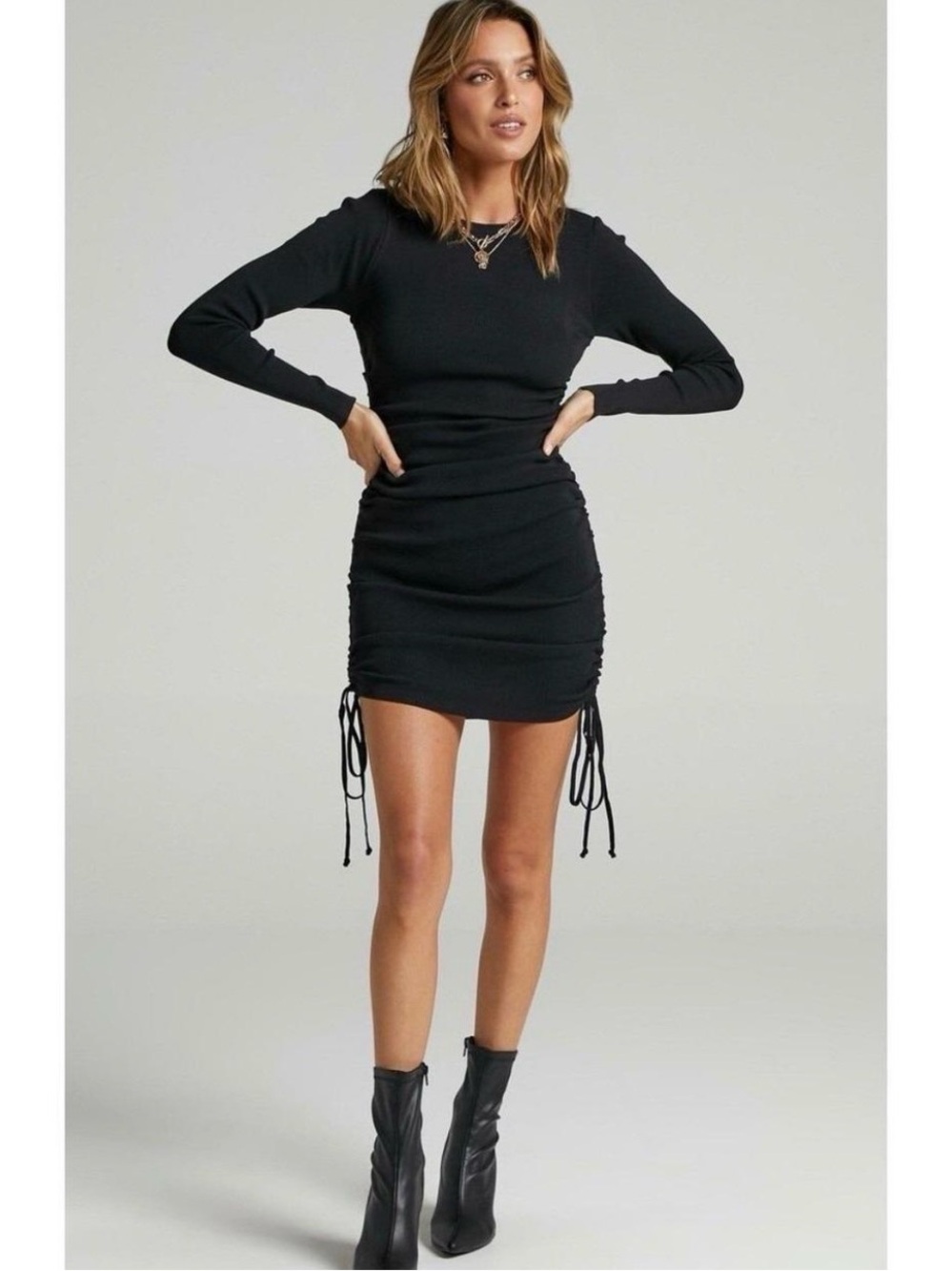 Lioness Black Long-Sleeve Ruched Mini Dress